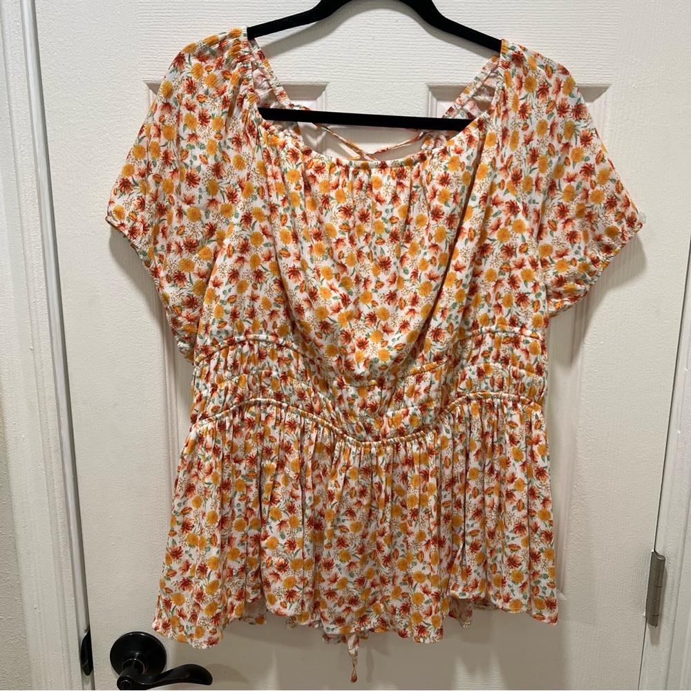 Torrid Warm Sunset Floral Washable Crinkle Gauze Criss Cross Back Peplum Top 2X